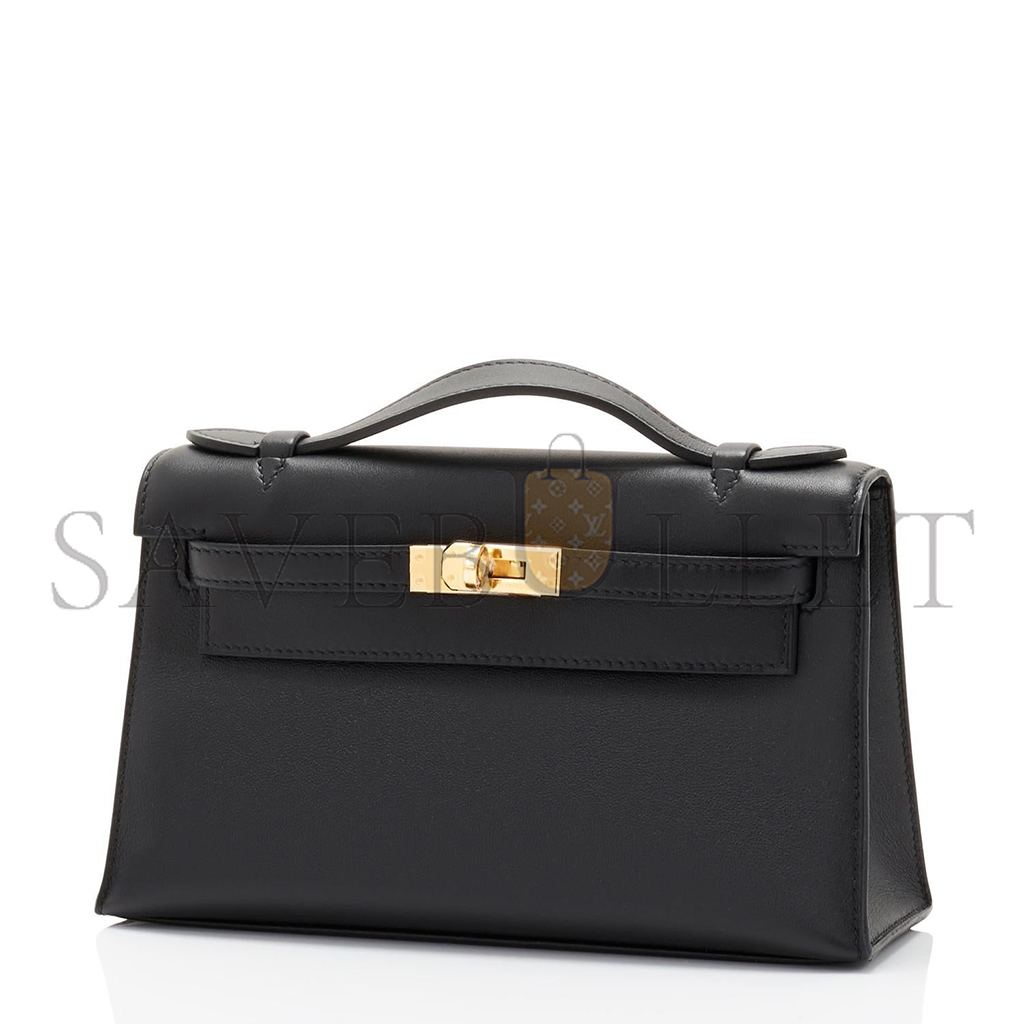 HERMÈS MASTER KELLY POCHETTE BLACK GOLD HARDWARE CLUTCH CUT BAG SWIFT (22*14*7cm) 